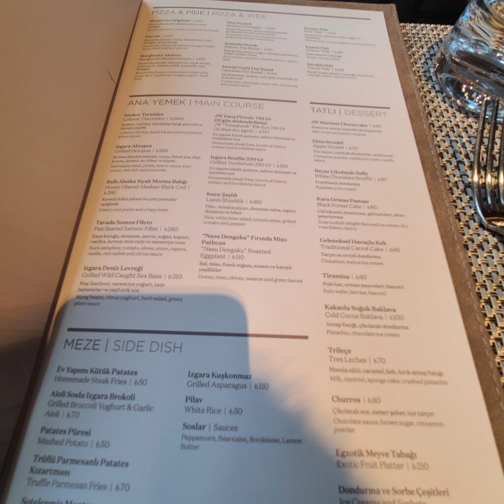 JW Marriott Istanbul Marmara Sea Ceres Restaurant Main Course & Desserts Menu