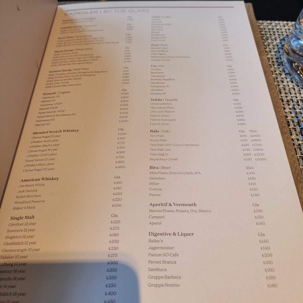 JW Marriott Istanbul Marmara Sea Ceres Restaurant Alcoholic Drinks Menu