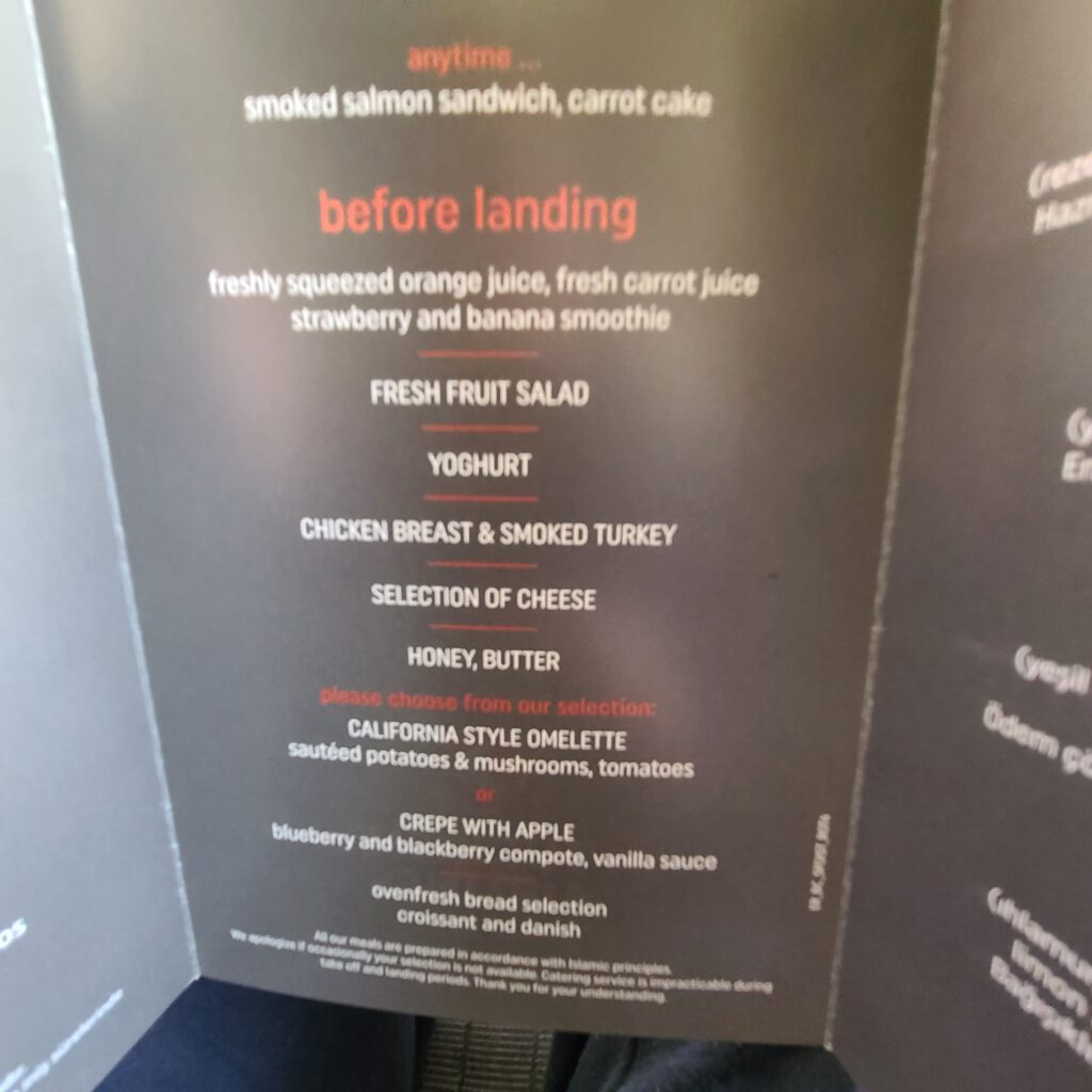 Turkish Airlines Business Class Menu