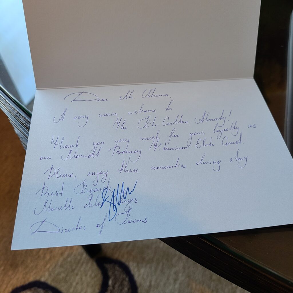 The Ritz-Carlton, Almaty Junior Suite Welcome Note