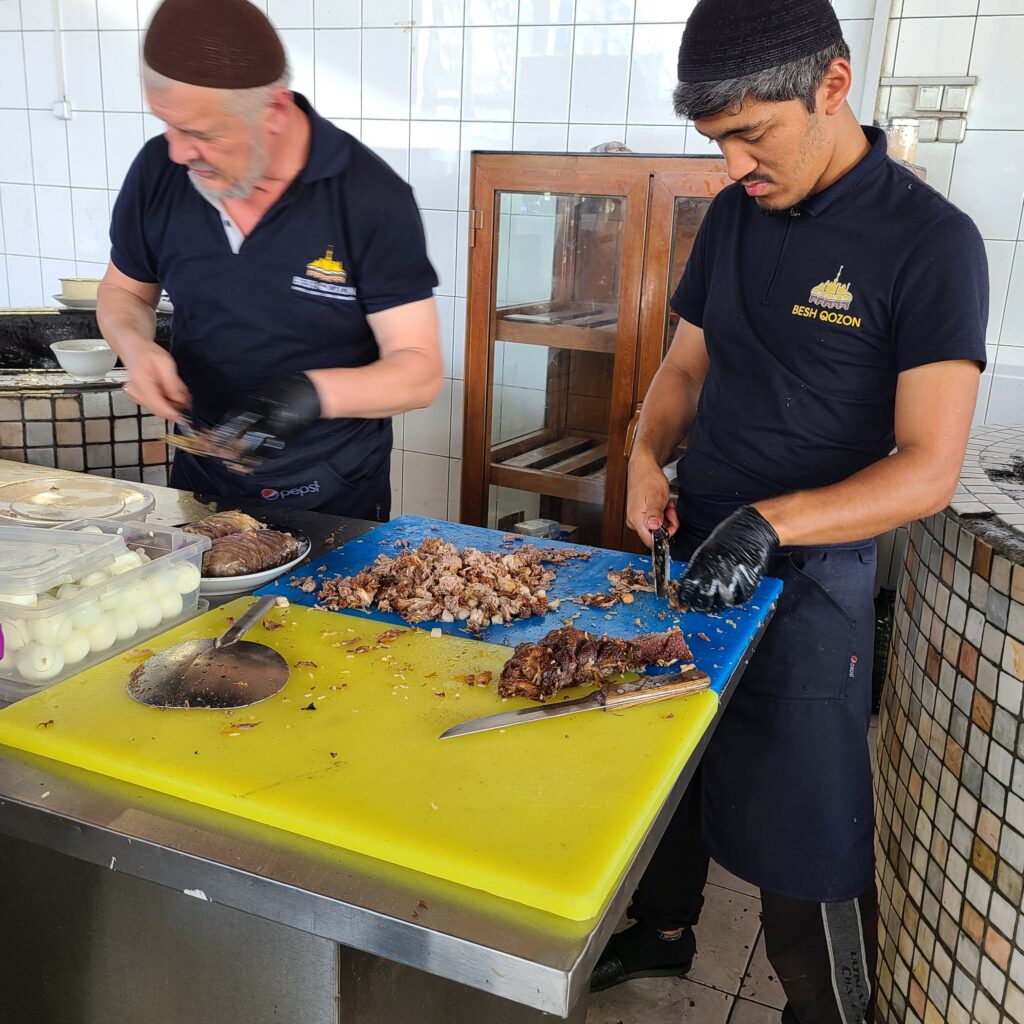Besh Qozon: Giant Plov Kitchen in Uzbekistan 7 Meat Cutting for Plov at Besh Qozon