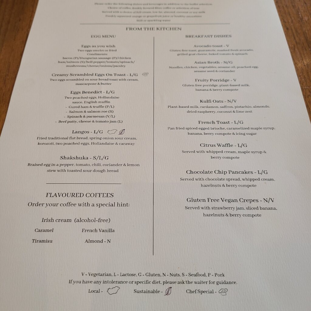 The Ritz-Carlton, Budapest A La Carte Breakfast Menu