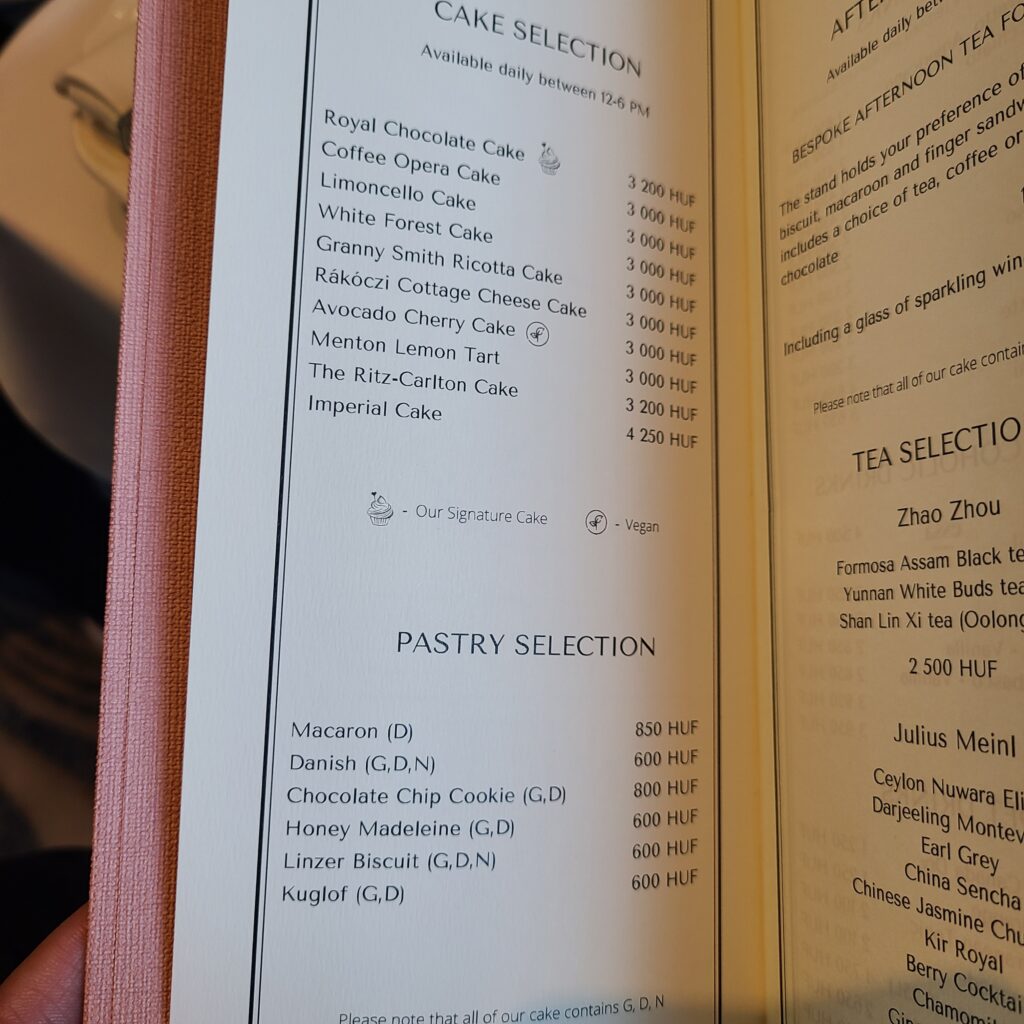 The Ritz-Carlton, Budapest Kaffe Wien Cake/Pastry Menu