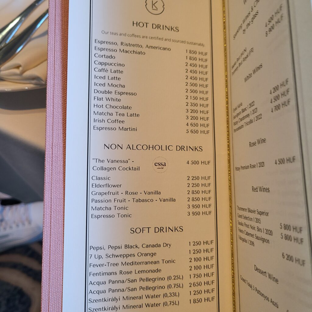 The Ritz-Carlton, Budapest Kaffe Wien Drinks Menu