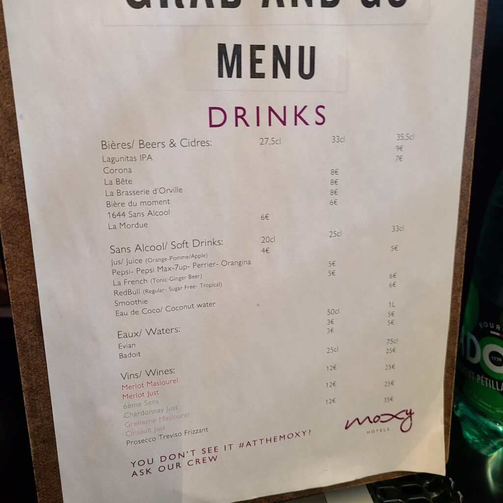 Moxy Paris CDG Grab & Go Drinks Menu